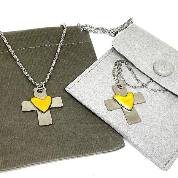 Yellow Heart, Cross Necklace, Christian Jewelry,  18” - 24” Yellow Heart, Cross Christian Necklace, Religious Gifts, My Beaded Gems