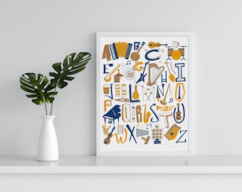 May include: A white framed print with a colorful alphabet design featuring musical instruments in yellow and blue. The letters are in a bold, playful font.