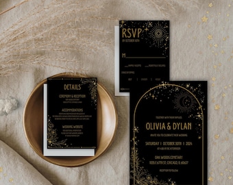 Puede incluir: Un conjunto de invitaciones de boda negras con ilustraciones lineales doradas de motivos celestiales y florales. El set incluye una invitación principal para Olivia y Dylan, una tarjeta de detalles y una tarjeta RSVP con texto dorado.