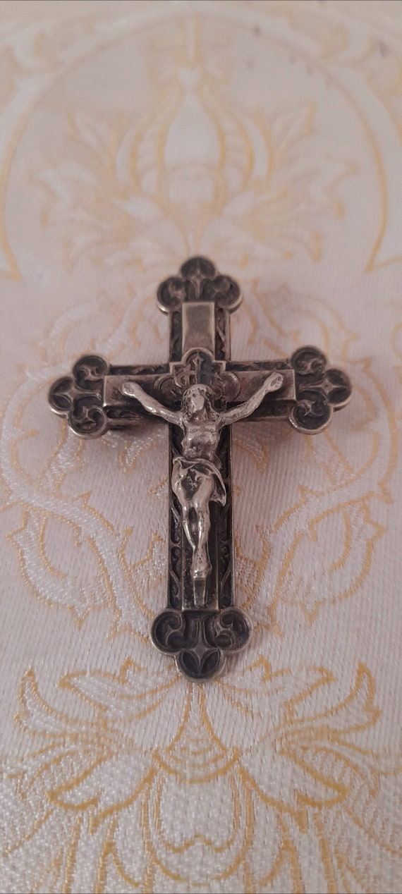 1800s Antique French Silver Crucifix Brooch / Pin.