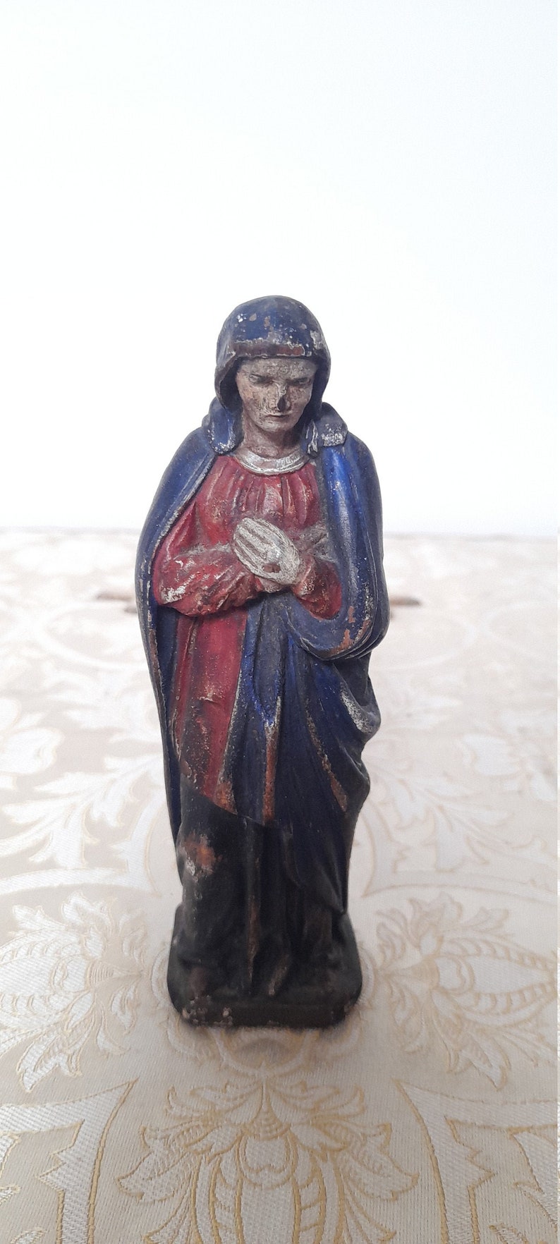 1700s Antique Polychrome Virgin Mary Carved Wood Statue.  Rare image 0