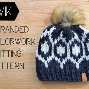 May include: A black, white, and gray knitted hat with a white pom pom on top. The hat has a stranded colorwork pattern and a brown leather tag with the text "PVK" on it.