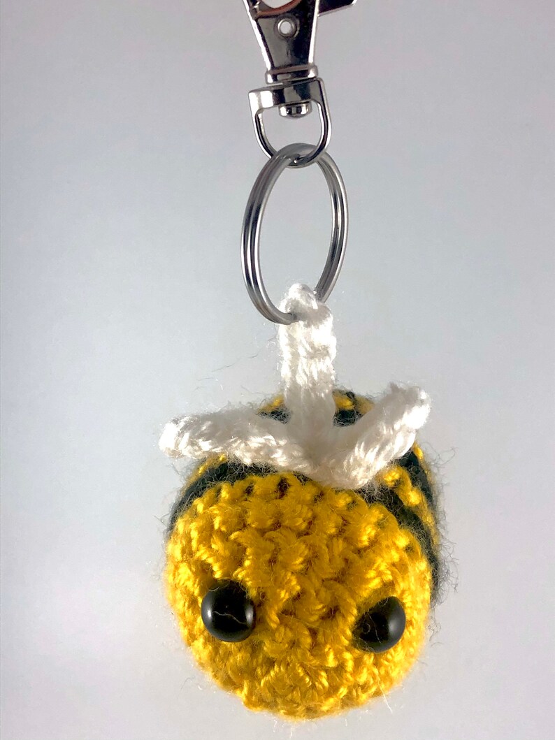 plush crocheted bee rear view mirror accessory purse charm amigurumi Crocheted honey bee keychain