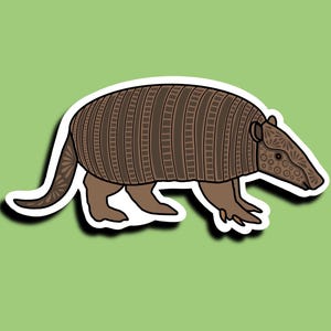 May include: A sticker featuring a stylized illustration of an armadillo. The armadillo is depicted in shades of brown with intricate patterns on its shell and tail. It is set against a light green background.