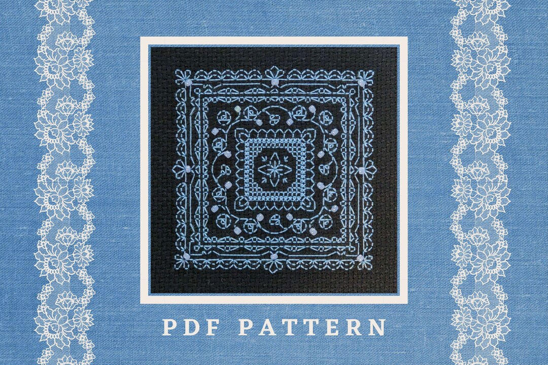 Beaded Blackwork Pattern - Blue Lace Square Digital Pattern Pdf - Etsy