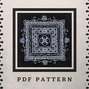 May include: A black and white embroidery pattern with a green floral design. The pattern is framed in a black square with the text "PDF PATTERN" below it.