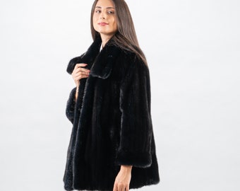 Jaqueta de pele de vison de veludo azul escuro - Askio Fashion