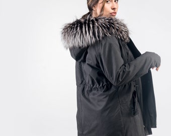 Hooded Black Parka: Silver Fox Trim, Velvet Mink Lining
