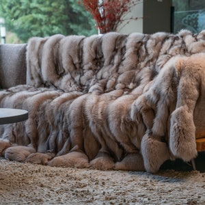 Beige/Fox Fur Throw Blanket/Luxury Style/Brand New/Fur Blanket/Home Decoration/Gift For Her/ by Askio Fashion Furs