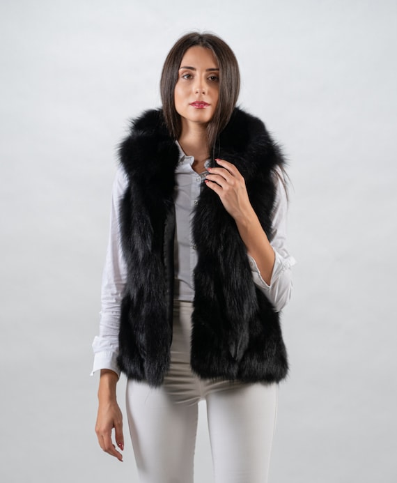 Hooded Black Fox Fur Vest brand New handmade Vest premium Quality anniversary Gift Birthday Gift by Akio Fashion Furs Etsy UK
