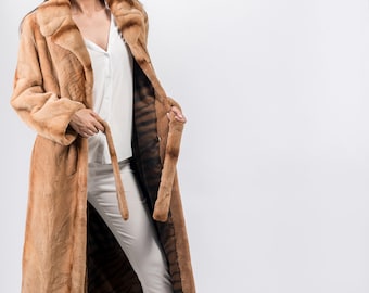 Abrigo largo de visón y terciopelo beige - Askio Fashion Furs