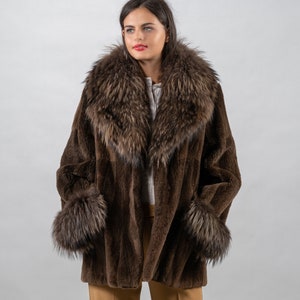 Brown Nutria Fur Jacket/Finn Raccoon Collar/Brand NewFur Coat/Gift for her/by Askio Fashion furs