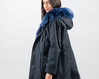 Handmade Hooded Dark Blue Coat: Finn Raccoon Fur Trim