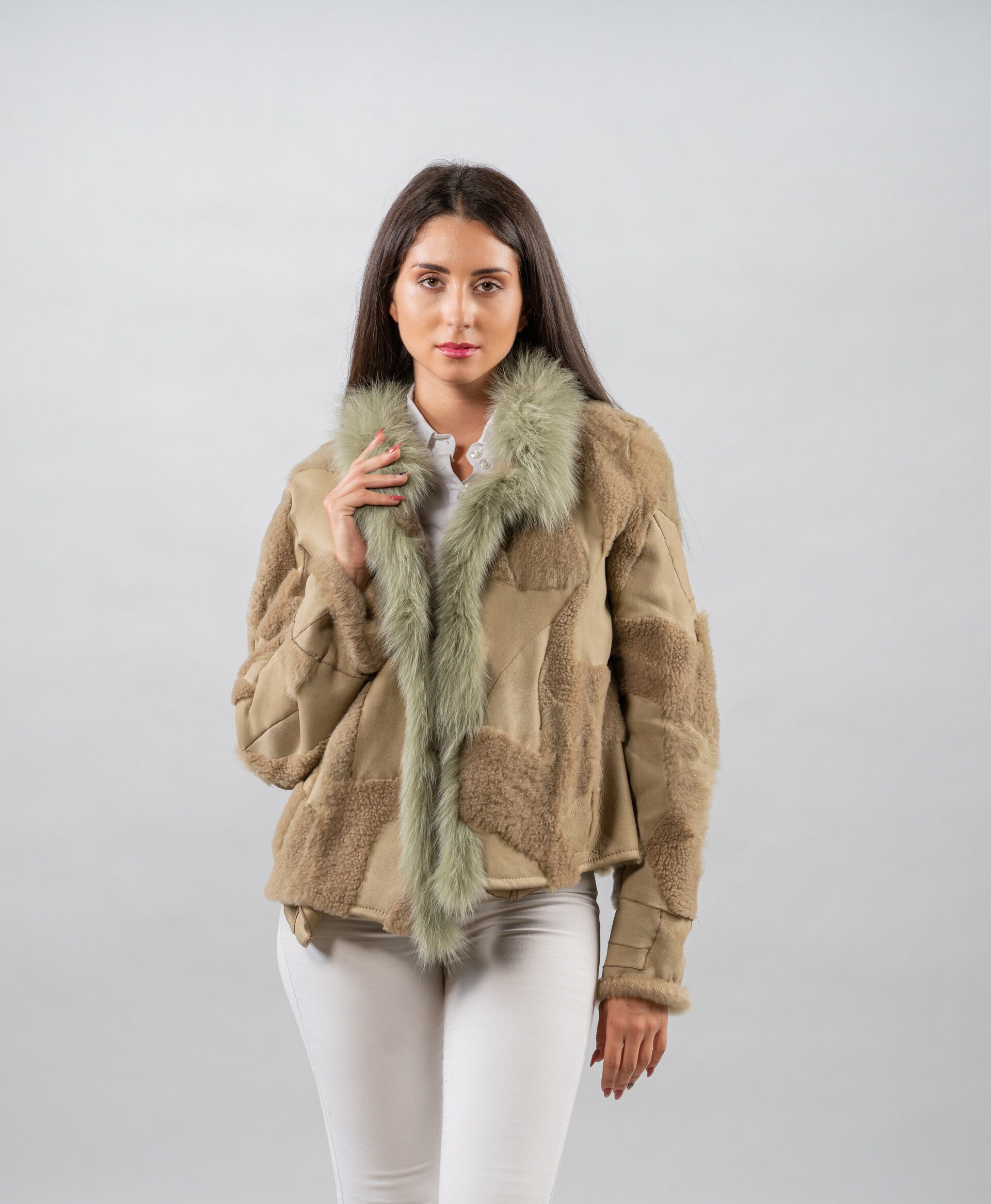 Khaki Sheepskin Jacket real Shearling short Jacket sustainable