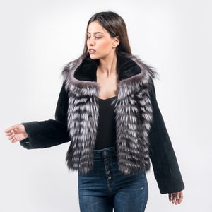 Silver Fox Fur Jacket | Black Sheared Mink Sleeves | Handmade Luxury Women’s Winter Jacket | Gift for Her by Askio Fashion Furs