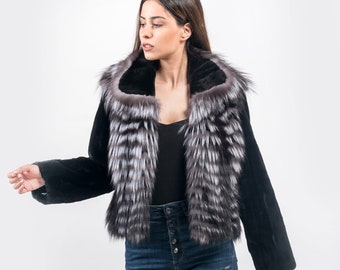 Chaqueta de piel de zorro plateado: mangas de visón negro, abrigo de invierno hecho a mano