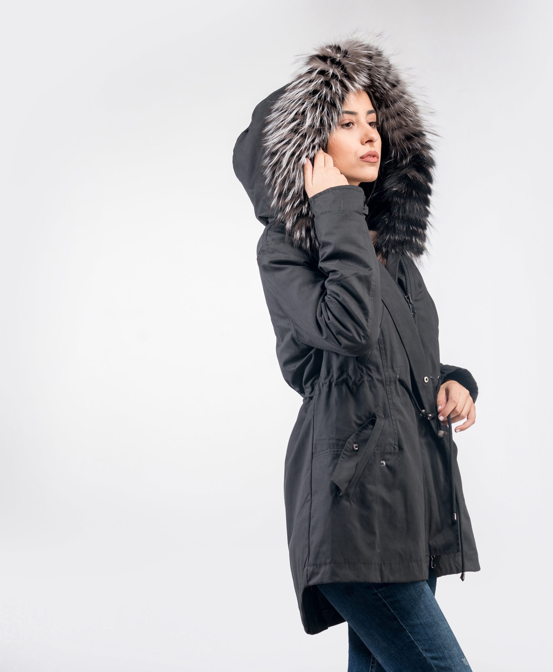 louis Vuitton black parka remobable hoodie silver fox trim men size 54/XL  (F2)