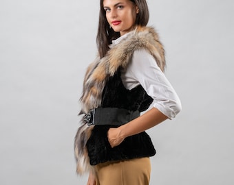 Black Velvet Mink Fur Vest: Handmade Fox Collar, Luxury Fashion