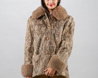 Beige Sheepskin & Astrakhan Fur Jacket: Handmade Women's Luxury Coat