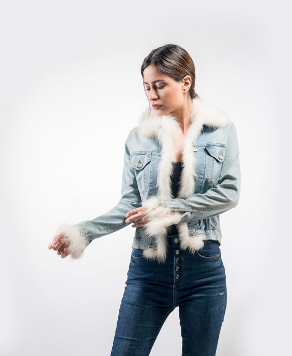 Light blue denim snow white fur collar coat jacket with quilted cotton  liner - Shop mof-giftshop Women's Blazers & Trench Coats - Pinkoi