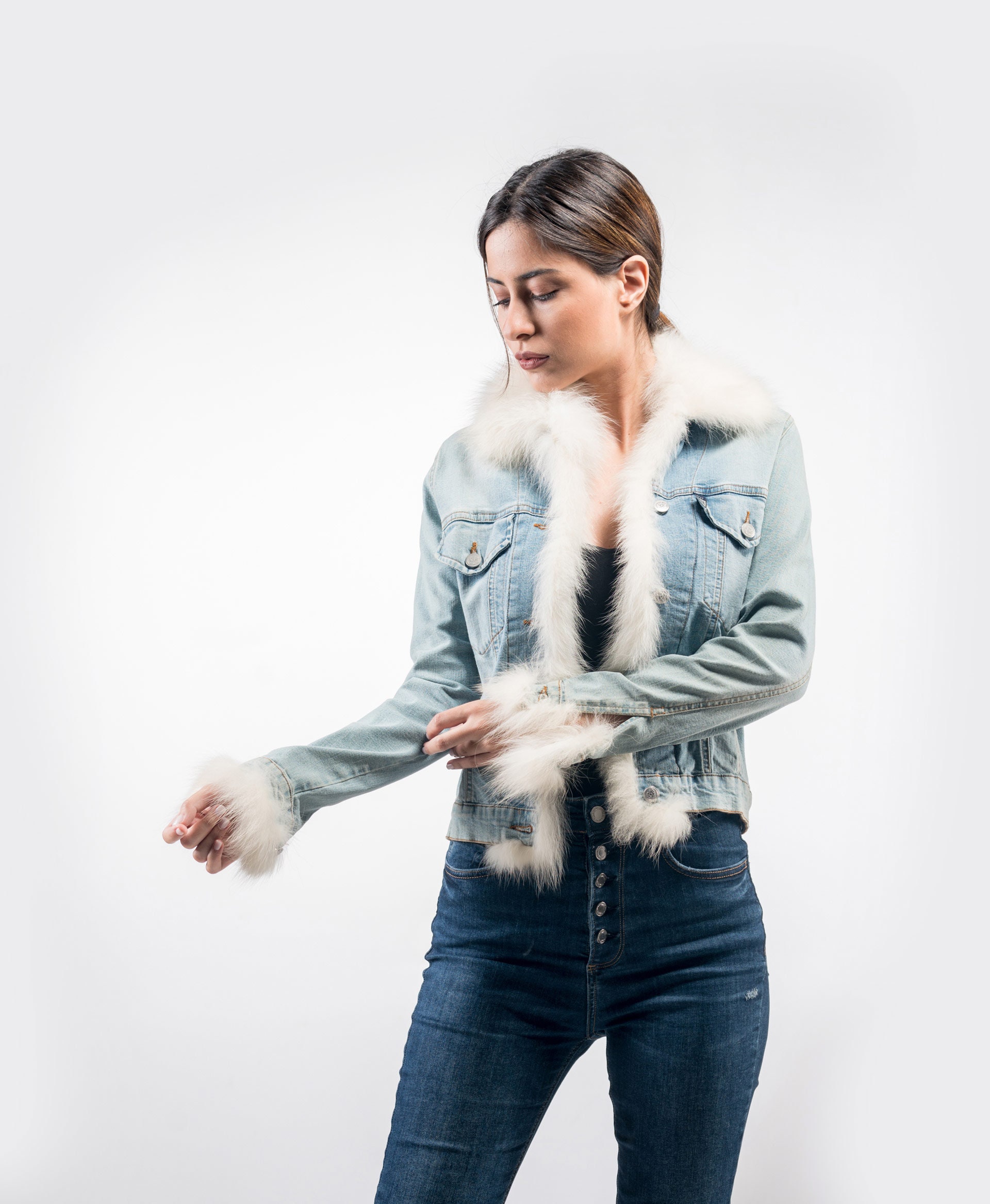 Jeans Jacket/ White Fox Fur Trim/new 