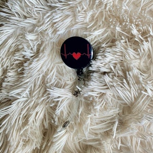 Heart ECG/EKG Cute Badge Reel, Clip, Holder. Permanent affix .