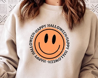 Pumpkin Sweatshirt, Happy Face Halloween Crewneck, Retro Halloween Sweater, Halloween Gift for Teens Women, Aesthetic Trendy Fall Clothing