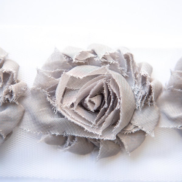 Silver Gray Shabby Flower, 2.5" Shabby Chiffon Rose Trim, Headband Supplies, Chiffon Flowers by the Yard, Wholesale Trim