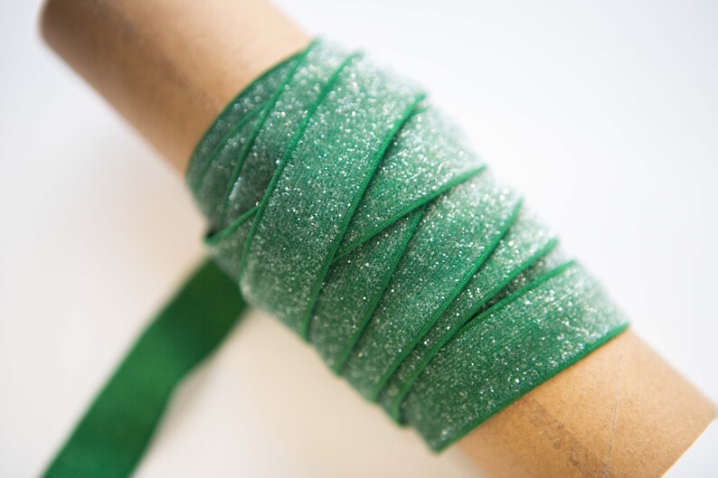 1 Hunter Green 58 Glitter Elastic Glitter Foldover Elastic Elastic by the yard 3 or 5 Yard Glitter Elastic