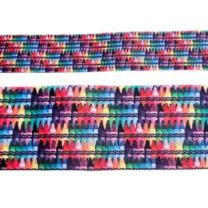 May include: Two ribbons with a colorful crayon pattern. The design features rows of crayons in various colors, including red, orange, yellow, green, blue, and purple, set against a white background. The ribbons are suitable for crafts and DIY projects.