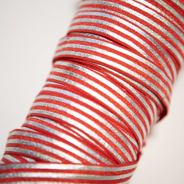 5/8" Red with Silver Foil Stripe FOE, Printed Fold Over Elastic by 1, 5 or 10 yards, Stripe Elastic for Headbands and Hair Ties