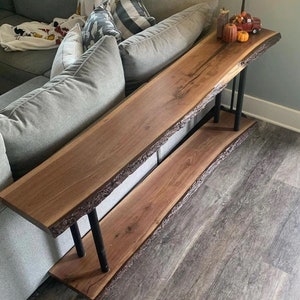 Custom Console Table Entryway Table behind Couch Table Live Edge Black Walnut Shelves dual Shelves Sofa Table Etsy