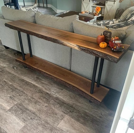 Custom Console Table Entryway Table Behind Couch Table Live Edge Black Walnut Shelves Dual Shelves Sofa Table