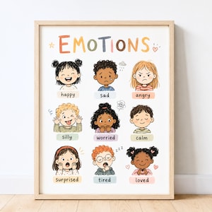 May include: A framed educational poster titled EMOTIONS featuring nine illustrated children expressing different feelings. Each character is labeled with words including happy, sad, angry, silly, worried, calm, surprised, tired, and loved.