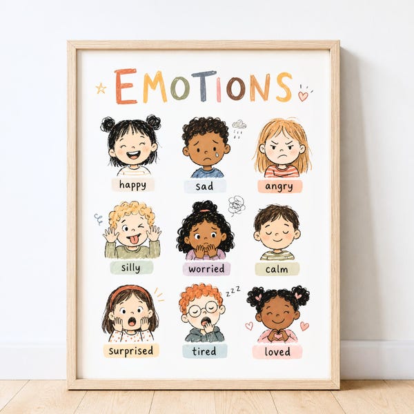 Może przedstawiać: Oprawiony plakat edukacyjny zatytułowany EMOTIONS przedstawiający dziewięcioro ilustrowanych dzieci wyrażających różne uczucia. Każda postać jest podpisana słowami takimi jak szczęśliwy, smutny, zły, głupi, zmartwiony, spokojny, zaskoczony, zmęczony i kochany.