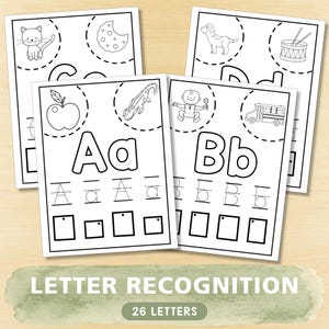 May include: Four white educational worksheets featuring black line drawings for letter recognition. Each page displays a large uppercase and lowercase letter, tracing practice lines, empty boxes, and circular illustrations of objects like a cat, cookie, apple, alligator, dog, drum, baby, and bus.
