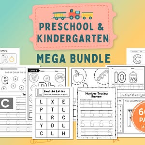 May include: A collection of black and white preschool and kindergarten worksheets. The worksheets include tracing letters, number tracing, and letter recognition activities. The image also includes the text "PRESCHOOL & KINDERGARTEN MEGA BUNDLE" and "600+ PAGES".