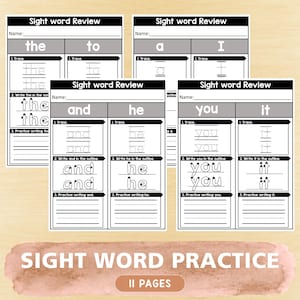 Op de afbeelding: Een set educatieve werkbladen getiteld Sight word Review met zwarte en witte tekst op wit papier. Elke pagina bevat secties voor het overtrekken, schrijven in contouren en het oefenen van woorden zoals the, to, a, I, and, he, you en it.