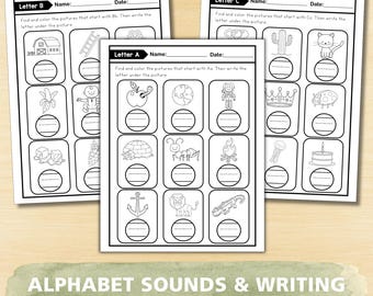Alphabet Writing and Beginning Sounds Worksheets A–Z | Letter Recognition & Phonics | Preschool Kindergarten Printable PDF