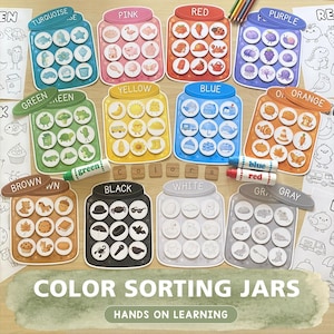 May include: A set of color sorting jars featuring twelve distinct colors including turquoise, pink, red, purple, green, yellow, blue, orange, brown, black, white, and gray. Each jar contains nine circular tokens with illustrations matching the jar color.