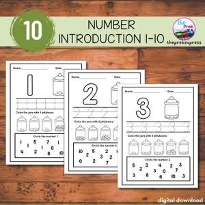 May include: Educational printable worksheets for number introduction 1-10. Each page features a large number, tracing practice, and a jar with jellybeans to color. Includes the text "Color the jars with 1 jellybean", "Circle the number 1", and "digital download".