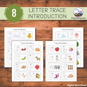 Puede incluir: Hojas de trabajo imprimibles educativas para trazar letras mayúsculas y minúsculas. Las hojas de trabajo presentan ilustraciones de objetos que comienzan con cada letra, como una manzana, una hormiga y un iglú. El título "Letter Trace Introduction" se muestra en la parte superior.