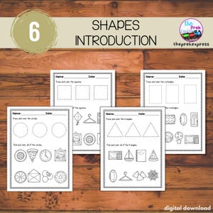 Puede incluir: Hojas de trabajo imprimibles para la introducción de formas, con actividades de trazado y coloreado para cuadrados, rectángulos, círculos y triángulos. La imagen incluye el texto "Shapes Introduction" y "digital download".