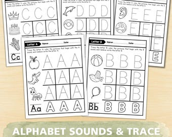 Alphabet Tracing Worksheets with Beginning Sounds | Preschool Kindergarten Printable Letters | ABC Handwriting Practice