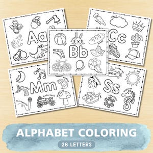 May include: A set of five black and white alphabet coloring sheets featuring letters Aa, Bb, Cc, Mm, and Ss. Each page displays the uppercase and lowercase letter surrounded by line art illustrations of objects starting with that letter, including an angel, anchor, bunny, ball, crown, cactus, moon, mermaid, strawberry, and snowflake.