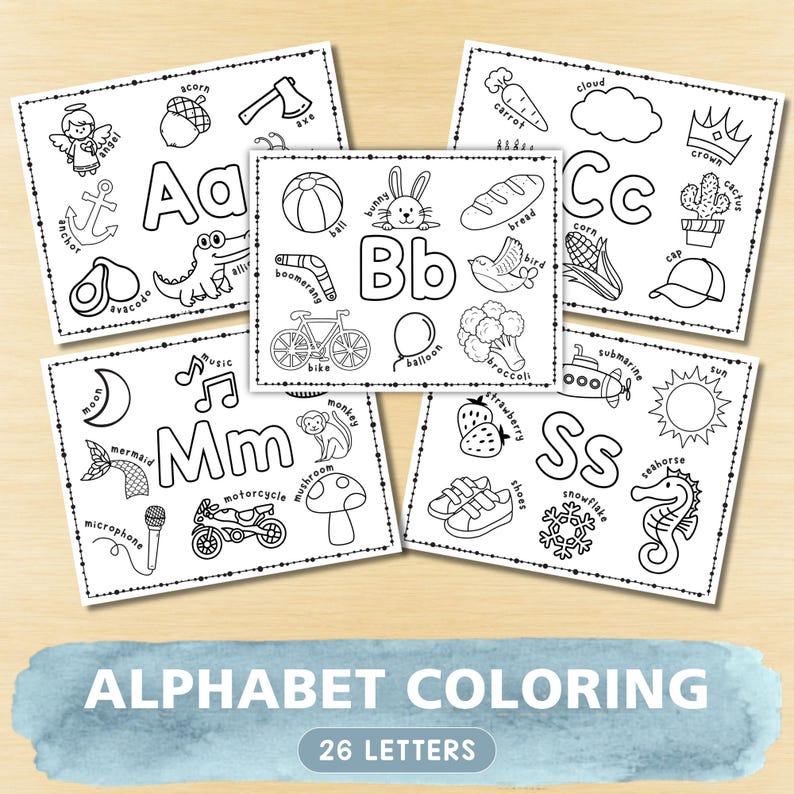 May include: A set of five black and white alphabet coloring sheets featuring letters Aa, Bb, Cc, Mm, and Ss. Each page displays the uppercase and lowercase letter surrounded by line art illustrations of objects starting with that letter, including an angel, anchor, bunny, ball, crown, cactus, moon, mermaid, strawberry, and snowflake.