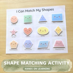 Puede incluir: Una hoja educativa blanca titulada I Can Match My Shapes que presenta doce formas geométricas coloridas con caras sonrientes. Cada forma está etiquetada con su nombre, incluyendo círculo, cuadrado, triángulo, rectángulo, estrella, corazón, óvalo, diamante, pentágono, hexágono, paralelogramo y trapecio.