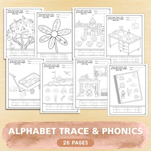 May include: A collection of eight black and white educational worksheets for children, each featuring a letter of the alphabet from A to H. Each page includes line art illustrations of objects starting with that letter and space for tracing letters.