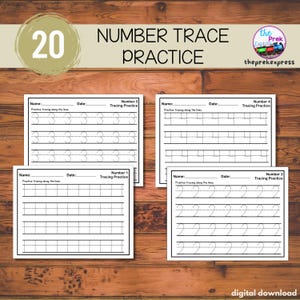 May include: Four white number tracing practice sheets with the numbers 1, 2, 3, and 4. The sheets have lines for tracing and space for a name and date. The top of the image has the text "NUMBER TRACE PRACTICE" and the number "20".