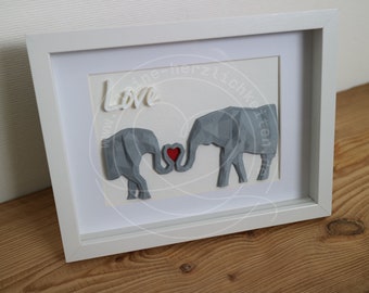 Elefanten mit Herz – Bild zur Hochzeit, individualisierbar, personalisierbar mit Name und Datum Geschenk, Jahrestag, 3D-Druck, Paare
